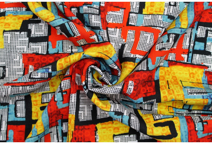 Tissu Gabardine Viscose Imprimé Figures Rouge et Jaune de Qualité, Tissu au mètre, Tissu pas cher - Alltissus.com