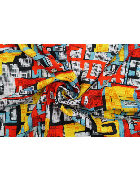 Tissu Gabardine Viscose Imprimé Figures Rouge et Jaune de Qualité, Tissu au mètre, Tissu pas cher - Alltissus.com