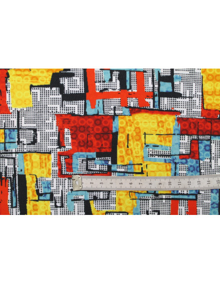 Tissu Gabardine Viscose Imprimé Figures Rouge et Jaune de Qualité, Tissu au mètre, Tissu pas cher - Alltissus.com