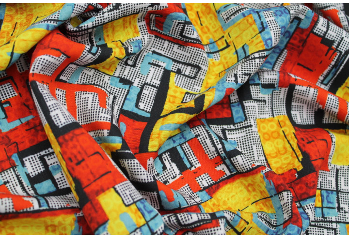 Tissu Gabardine Viscose Imprimé Figures Rouge et Jaune de Qualité, Tissu au mètre, Tissu pas cher - Alltissus.com