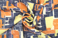 Tissu Gabardine Viscose Imprimé Figures Violet et Jaune Paille de Qualité, Tissu au mètre, Tissu pas cher - Alltissus.com