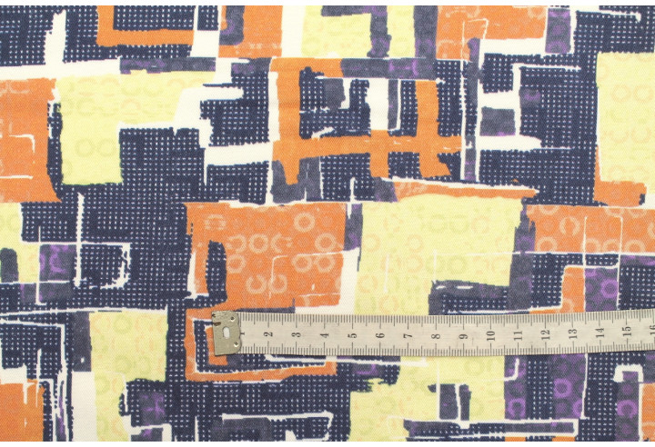 Tissu Gabardine Viscose Imprimé Figures Violet et Jaune Paille de Qualité, Tissu au mètre, Tissu pas cher - Alltissus.com
