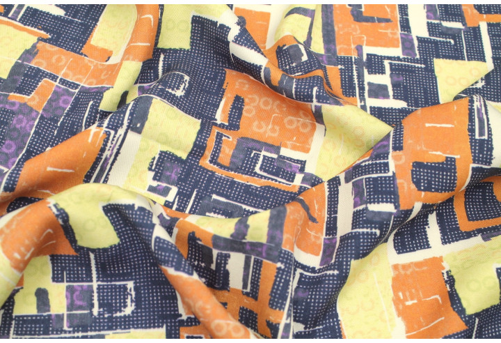 Tissu Gabardine Viscose Imprimé Figures Violet et Jaune Paille de Qualité, Tissu au mètre, Tissu pas cher - Alltissus.com
