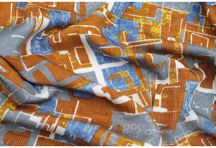 Tissu Gabardine Viscose Imprimé Figures Orange et Gris de Qualité, Tissu au mètre, Tissu pas cher - Alltissus.com