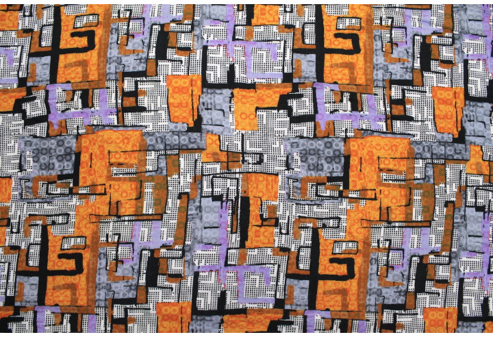 Tissu Gabardine Viscose Imprimé Figures Violet et Orange de Qualité, Tissu au mètre, Tissu pas cher - Alltissus.com