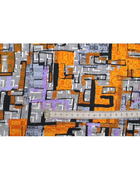 Tissu Gabardine Viscose Imprimé Figures Violet et Orange de Qualité, Tissu au mètre, Tissu pas cher - Alltissus.com