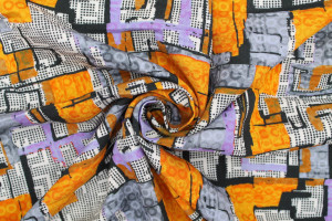 Tissu Gabardine Viscose Imprimé Figures Violet et Orange de Qualité, Tissu au mètre, Tissu pas cher - Alltissus.com