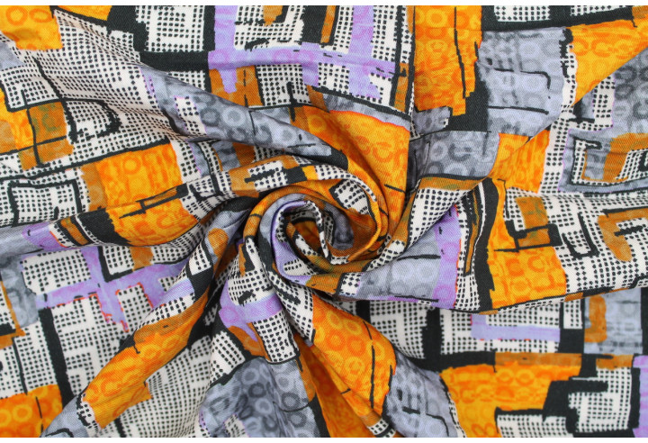 Tissu Gabardine Viscose Imprimé Figures Violet et Orange de Qualité, Tissu au mètre, Tissu pas cher - Alltissus.com