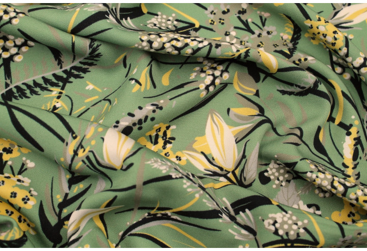 Tissu Gabardine Viscose Imprimé Fleur Limone Vert de Qualité, Tissu au mètre, Tissu pas cher - Alltissus.com