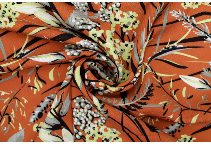Tissu Gabardine Viscose Imprimé Fleur Limone Rouille de Qualité, Tissu au mètre, Tissu pas cher - Alltissus.com