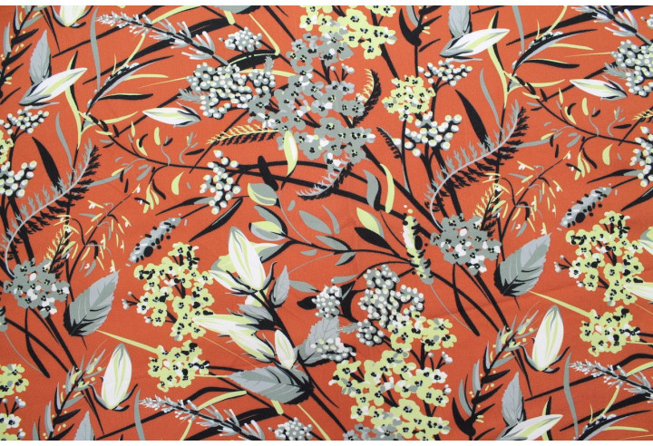 Tissu Gabardine Viscose Imprimé Fleur Limone Rouille de Qualité, Tissu au mètre, Tissu pas cher - Alltissus.com