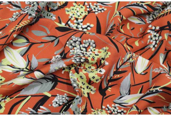 Tissu Gabardine Viscose Imprimé Fleur Limone Rouille de Qualité, Tissu au mètre, Tissu pas cher - Alltissus.com