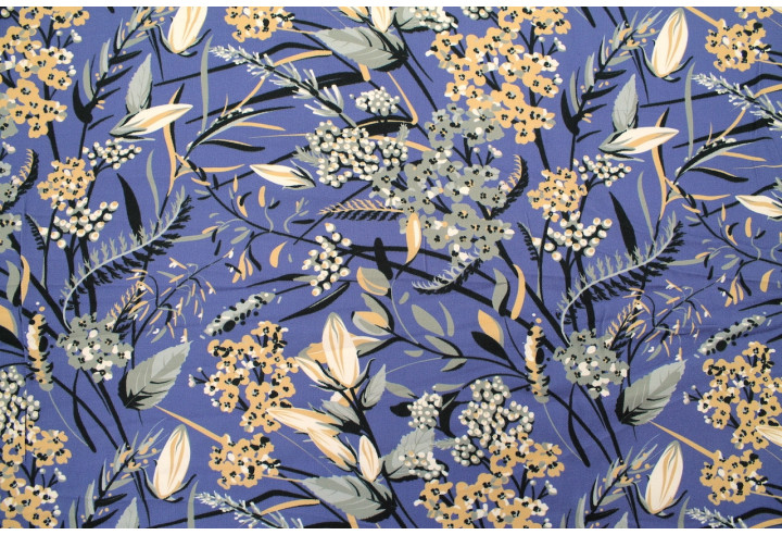 Tissu Gabardine Viscose Imprimé Fleur Limone Bleu foncé de Qualité, Tissu au mètre, Tissu pas cher - Alltissus.com