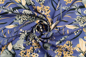 Tissu Gabardine Viscose Imprimé Fleur Limone Bleu foncé de Qualité, Tissu au mètre, Tissu pas cher - Alltissus.com