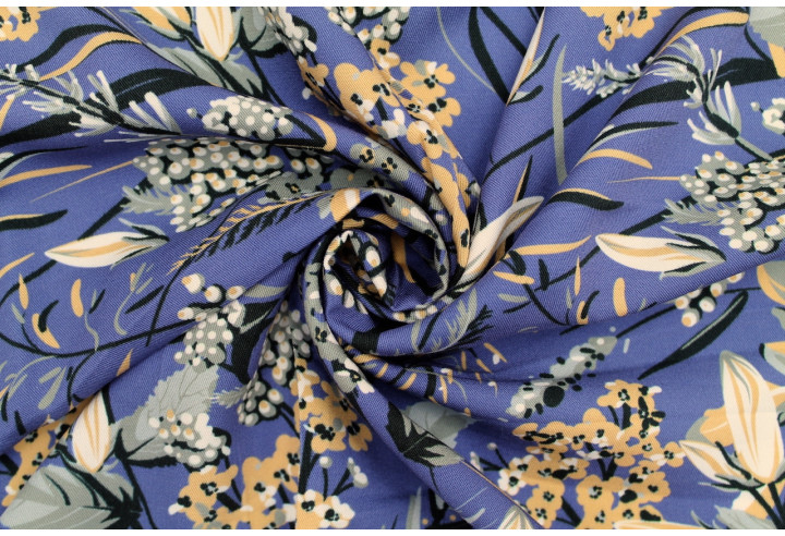 Tissu Gabardine Viscose Imprimé Fleur Limone Bleu foncé de Qualité, Tissu au mètre, Tissu pas cher - Alltissus.com