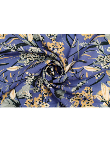 Tissu Gabardine Viscose Imprimé Fleur Limone Bleu foncé de Qualité, Tissu au mètre, Tissu pas cher - Alltissus.com