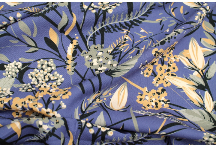 Tissu Gabardine Viscose Imprimé Fleur Limone Bleu foncé de Qualité, Tissu au mètre, Tissu pas cher - Alltissus.com