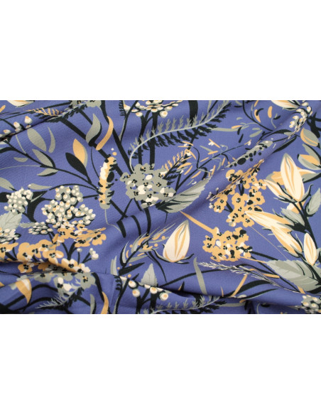 Tissu Gabardine Viscose Imprimé Fleur Limone Bleu foncé de Qualité, Tissu au mètre, Tissu pas cher - Alltissus.com