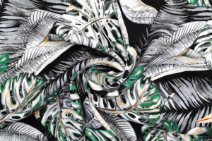 Tissu Gabardine Viscose Imprimé Fond Noir Palm Gris de Qualité, Tissu au mètre, Tissu pas cher - Alltissus.com