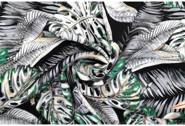Tissu Gabardine Viscose Imprimé Fond Noir Palm Gris de Qualité, Tissu au mètre, Tissu pas cher - Alltissus.com