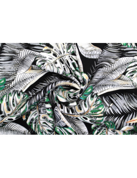 Tissu Gabardine Viscose Imprimé Fond Noir Palm Gris de Qualité, Tissu au mètre, Tissu pas cher - Alltissus.com