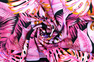 Tissu Gabardine Viscose Imprimé Fond Noir Palm Fuchsia de Qualité, Tissu au mètre, Tissu pas cher - Alltissus.com