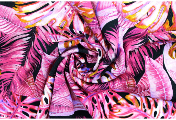 Tissu Gabardine Viscose Imprimé Fond Noir Palm Fuchsia de Qualité, Tissu au mètre, Tissu pas cher - Alltissus.com
