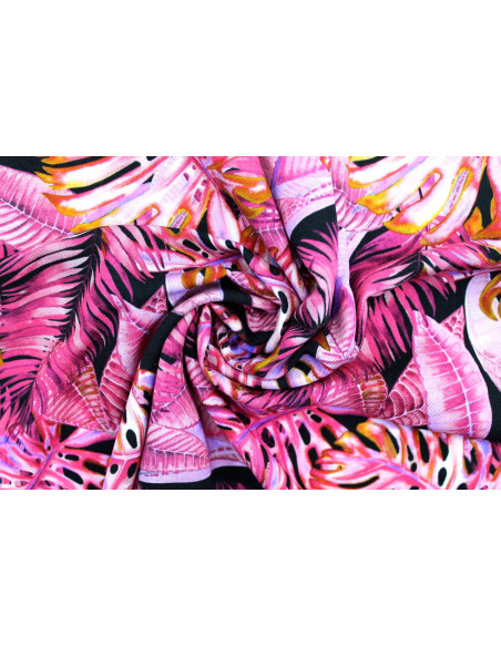 Tissu Gabardine Viscose Imprimé Fond Noir Palm Fuchsia de Qualité, Tissu au mètre, Tissu pas cher - Alltissus.com
