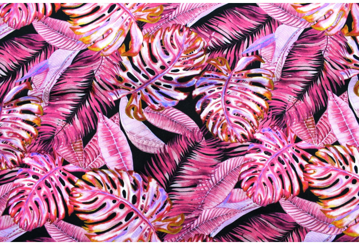 Tissu Gabardine Viscose Imprimé Fond Noir Palm Fuchsia de Qualité, Tissu au mètre, Tissu pas cher - Alltissus.com