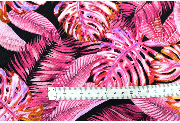 Tissu Gabardine Viscose Imprimé Fond Noir Palm Fuchsia de Qualité, Tissu au mètre, Tissu pas cher - Alltissus.com