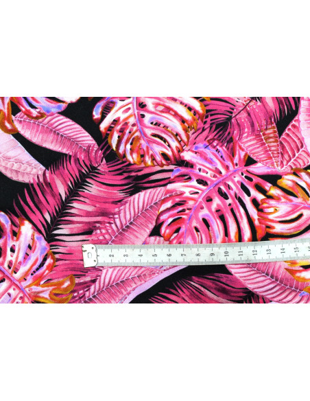 Tissu Gabardine Viscose Imprimé Fond Noir Palm Fuchsia de Qualité, Tissu au mètre, Tissu pas cher - Alltissus.com