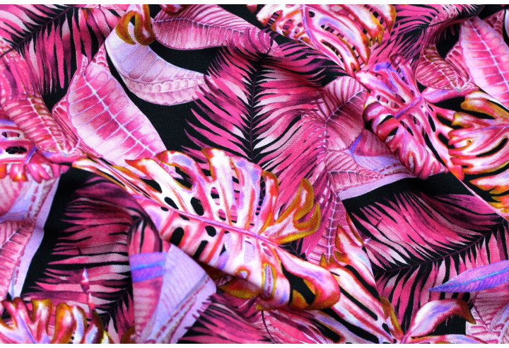Tissu Gabardine Viscose Imprimé Fond Noir Palm Fuchsia de Qualité, Tissu au mètre, Tissu pas cher - Alltissus.com