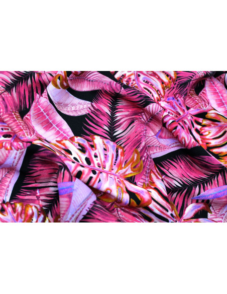 Tissu Gabardine Viscose Imprimé Fond Noir Palm Fuchsia de Qualité, Tissu au mètre, Tissu pas cher - Alltissus.com
