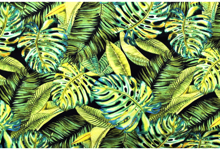 Tissu Gabardine Viscose Imprimé Fond Noir Palm Anis de Qualité, Tissu au mètre, Tissu pas cher - Alltissus.com