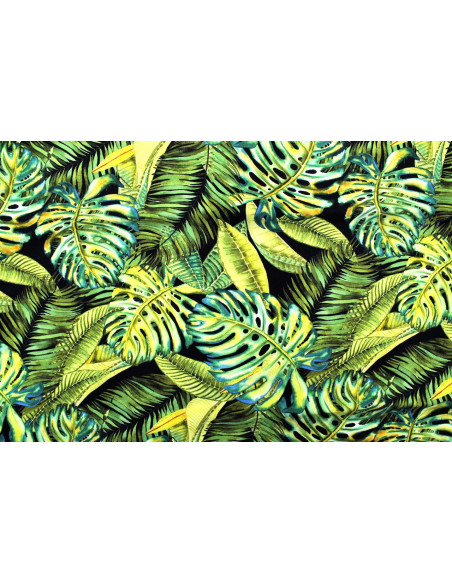 Tissu Gabardine Viscose Imprimé Fond Noir Palm Anis de Qualité, Tissu au mètre, Tissu pas cher - Alltissus.com