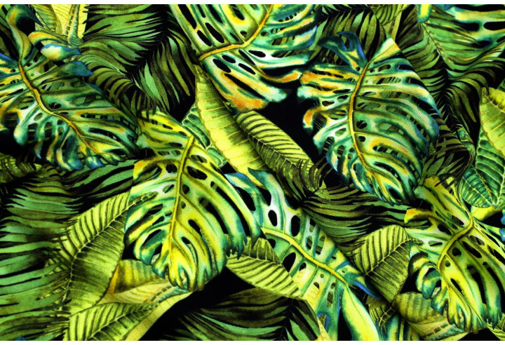 Tissu Gabardine Viscose Imprimé Fond Noir Palm Anis de Qualité, Tissu au mètre, Tissu pas cher - Alltissus.com