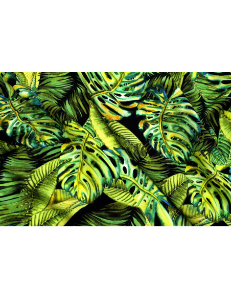 Tissu Gabardine Viscose Imprimé Fond Noir Palm Anis de Qualité, Tissu au mètre, Tissu pas cher - Alltissus.com