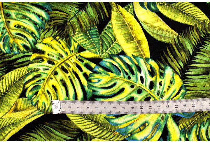 Tissu Gabardine Viscose Imprimé Fond Noir Palm Anis de Qualité, Tissu au mètre, Tissu pas cher - Alltissus.com