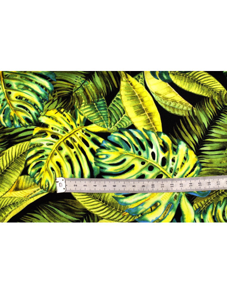 Tissu Gabardine Viscose Imprimé Fond Noir Palm Anis de Qualité, Tissu au mètre, Tissu pas cher - Alltissus.com