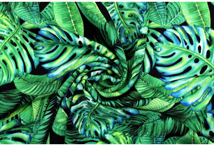 Tissu Gabardine Viscose Imprimé Fond Noir Palm Vert de Qualité, Tissu au mètre, Tissu pas cher - Alltissus.com