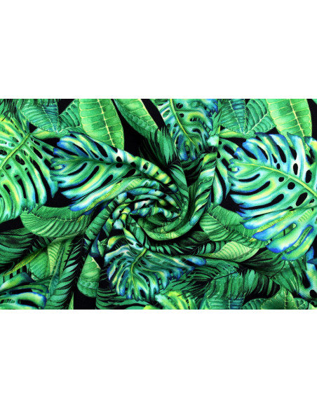Tissu Gabardine Viscose Imprimé Fond Noir Palm Vert de Qualité, Tissu au mètre, Tissu pas cher - Alltissus.com