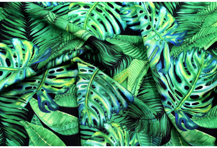 Tissu Gabardine Viscose Imprimé Fond Noir Palm Vert de Qualité, Tissu au mètre, Tissu pas cher - Alltissus.com
