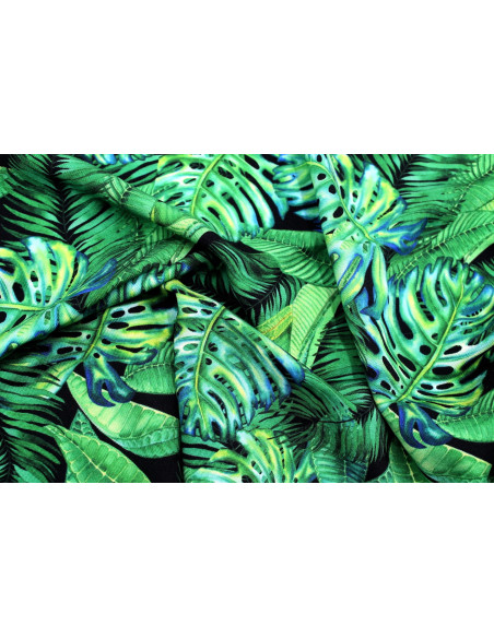 Tissu Gabardine Viscose Imprimé Fond Noir Palm Vert de Qualité, Tissu au mètre, Tissu pas cher - Alltissus.com