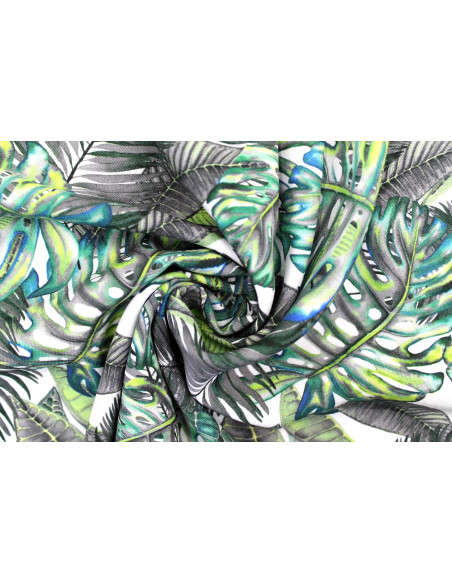 Tissu Gabardine Viscose Imprimé Fond Blanc Palm Gris de Qualité, Tissu au mètre, Tissu pas cher - Alltissus.com