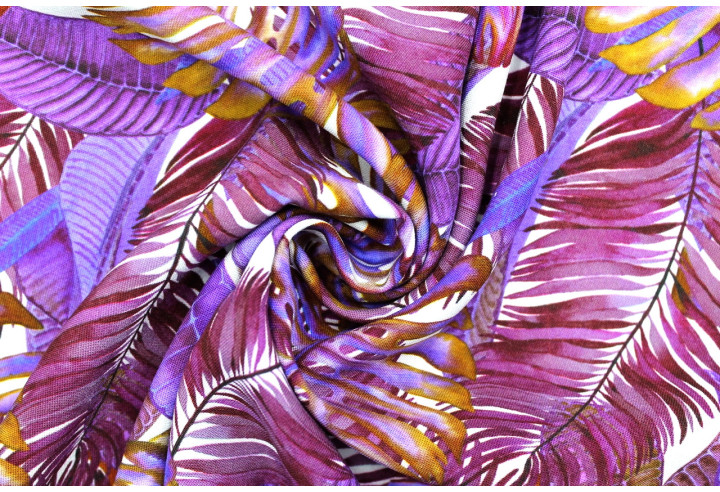 Tissu Gabardine Viscose Imprimé Fond Blanc Palm Violet de Qualité, Tissu au mètre, Tissu pas cher - Alltissus.com