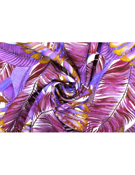 Tissu Gabardine Viscose Imprimé Fond Blanc Palm Violet de Qualité, Tissu au mètre, Tissu pas cher - Alltissus.com