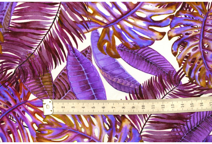 Tissu Gabardine Viscose Imprimé Fond Blanc Palm Violet de Qualité, Tissu au mètre, Tissu pas cher - Alltissus.com
