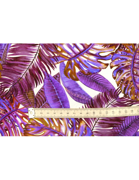 Tissu Gabardine Viscose Imprimé Fond Blanc Palm Violet de Qualité, Tissu au mètre, Tissu pas cher - Alltissus.com