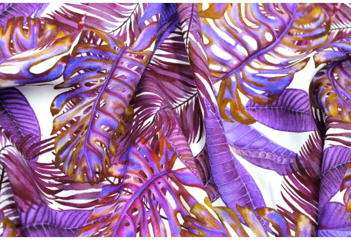 Tissu Gabardine Viscose Imprimé Fond Blanc Palm Violet de Qualité, Tissu au mètre, Tissu pas cher - Alltissus.com