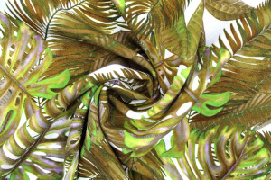 Tissu Gabardine Viscose Imprimé Fond Blanc Palm Kaki de Qualité, Tissu au mètre, Tissu pas cher - Alltissus.com